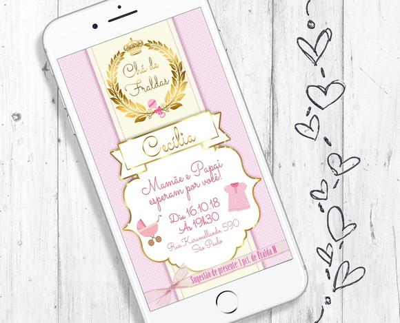 Convite Digital Chá de Bebê Menina princesa rosa dourado