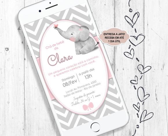Convite Digital Chá de Bebê Elefante Menina Cinza e Rosa