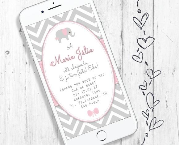 Convite Digital Chá de Bebê Menina elefante rosa