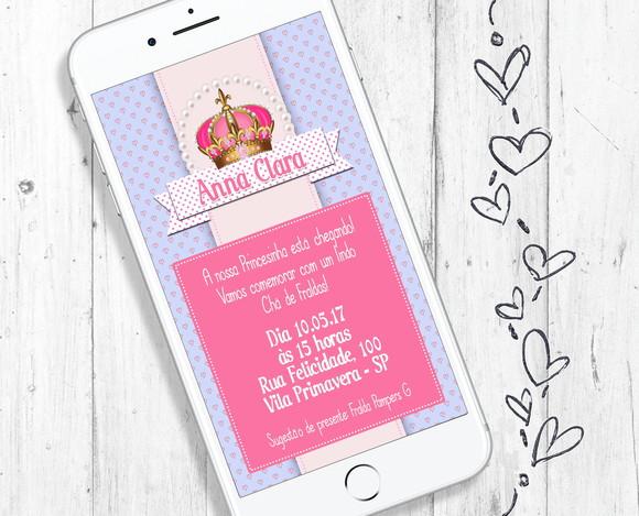 Convite Digital Chá de Bebê Menina Coroa Rosa Princesa Reino
