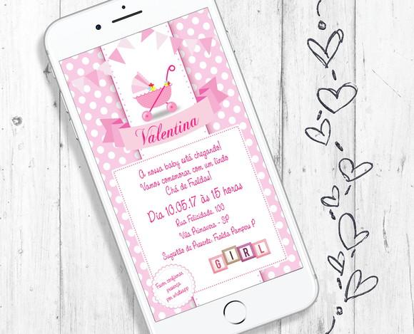 Convite Digital Chá de Bebê Menina carrinho rosa