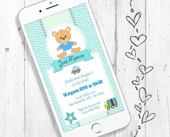 Convite Digital Chá de Bebê Menino Ursinho Azul Tema Festa