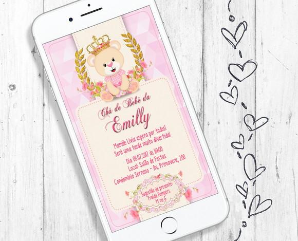 Convite Digital Chá de Bebê Ursinha Princesa menina