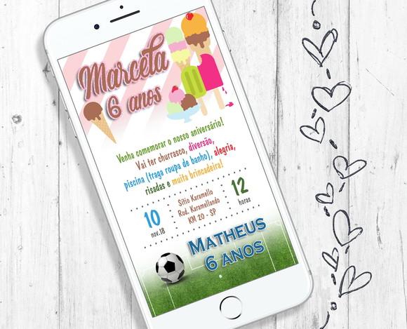 Convite Digital com 2 Temas Futebol e Sorvete