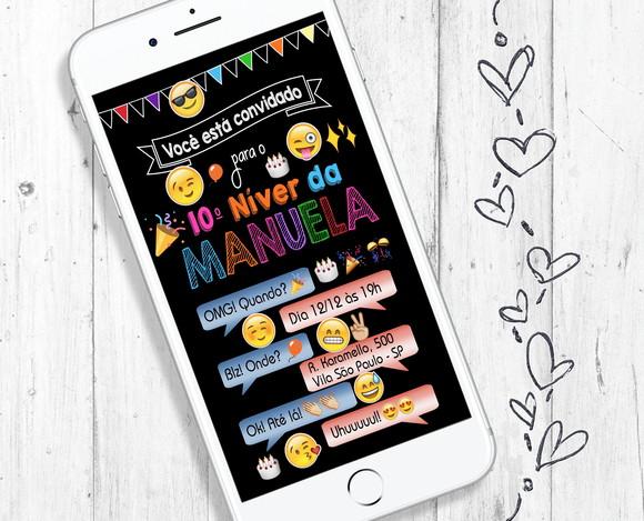 Convite Digital Emoji Aniversário Tema Menina Colorido
