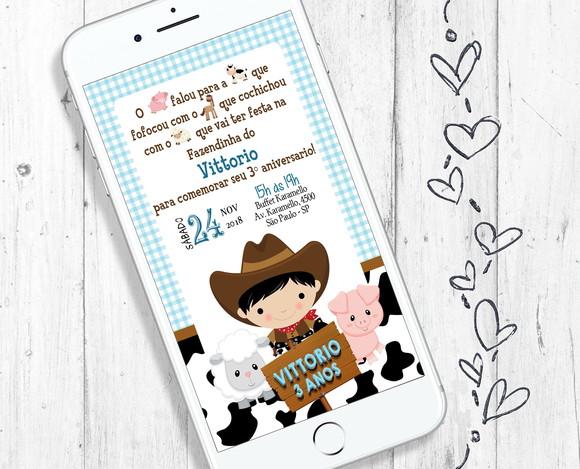 Convite Digital festa Fazendinha Animais aniversário infantil
