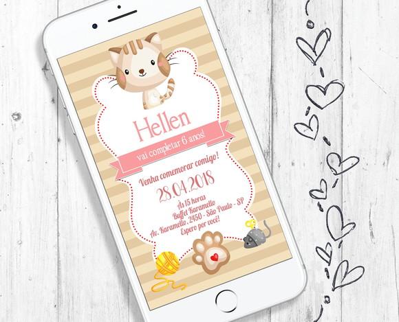 Convite Digital Festa Gatinho Delicado Tema Aniversário