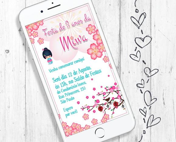 Convite Digital aniversário tema Boneca Kokeshi japonesa