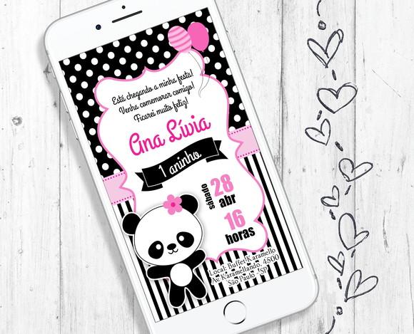 Convite Digital Pandinha Rosa aniversário infantil