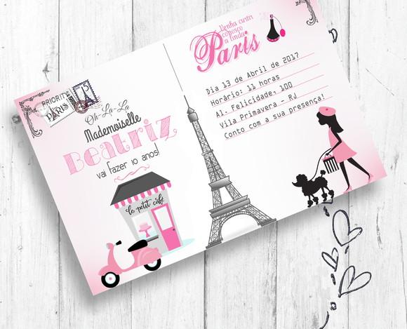 Convite Digital Paris Rosa Aniversário Tema Menina Delicado