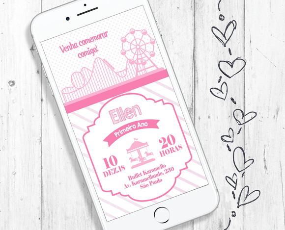 Convite Digital Parque de Diversão aniversário menina rosa