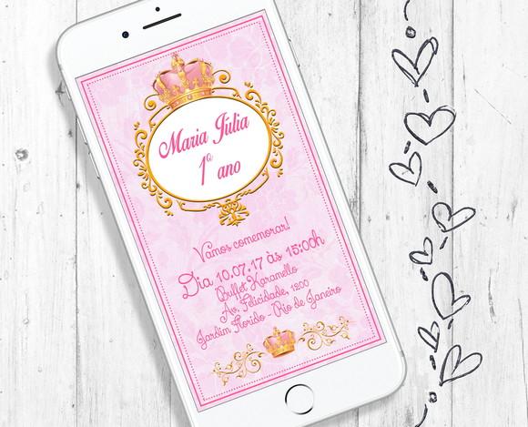 Convite Digital Realeza Princesa Aniversário Menina Coroa