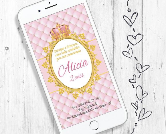 Convite Digital Realeza Princesa Rosa Tema Menina Festa