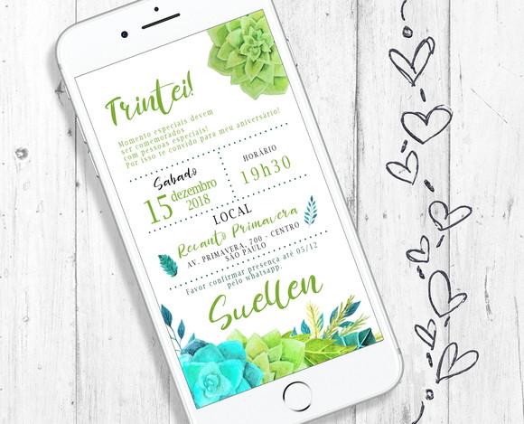 Convite Digital Trintei Floral Verde Aniversário 30 Anos