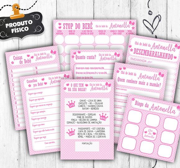 Kit 8 Brincadeiras Chá Bebê Rosa Cartelas para 30 Convidados