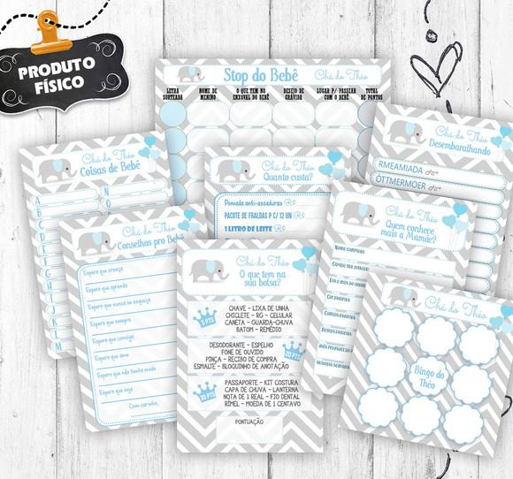 Kit 8 Brincadeiras Chá Elefante Azul Cartelas 30 Convidados