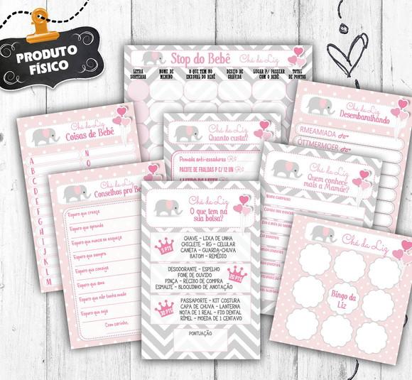 Kit 8 Brincadeiras Chá Elefante Rosa Cartelas 30 Convidados