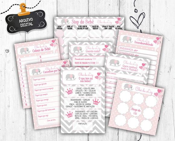 Kit 8 Brincadeiras Chá de Bebê Elefante Rosa arquivo digital