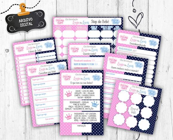Kit 8 Brincadeiras Chá Revelação Rosa Azul Marinho Chá de Beb