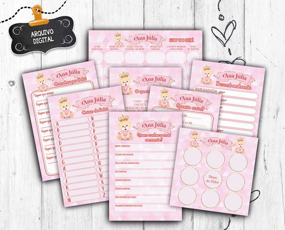 Kit 8 Brincadeiras Chá de Bebê Ursinha Princesa Rosa Coroa arqu