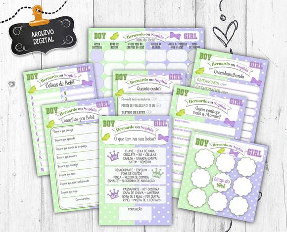 Kit 8 Brincadeiras Chá Revelação Lilás e Verde Menino Menina 