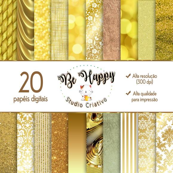 Kit 20 Papeis Digitais tema Dourado Gold