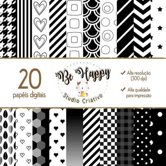 Kit 20 Papeis Digitais tema Preto e Branco