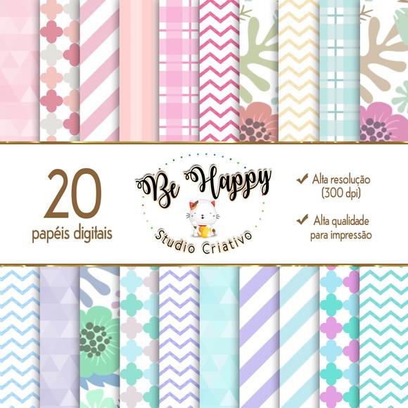Kit 20 Papeis Digitais tema Tons Pastéis cores variadas