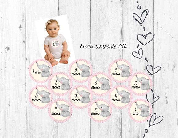 Kit Mesversário Elefante Rosa 12 Adesivos Bebê mês a mês