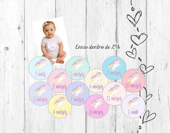 Kit Mesversário Unicórnio 12 Meses Adesivo Bebê mês a mês