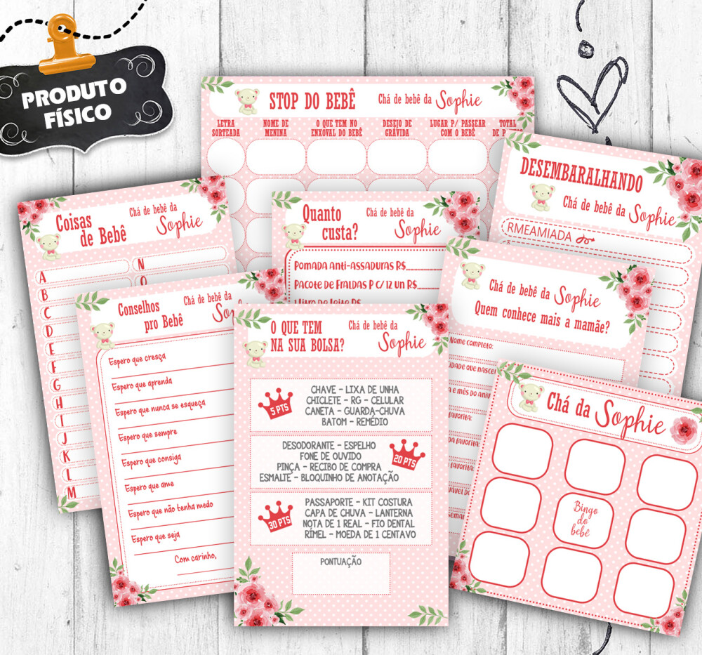 Kit 8 Brincadeiras Chá Bebê Rosa Vermelha para 30 Convidados