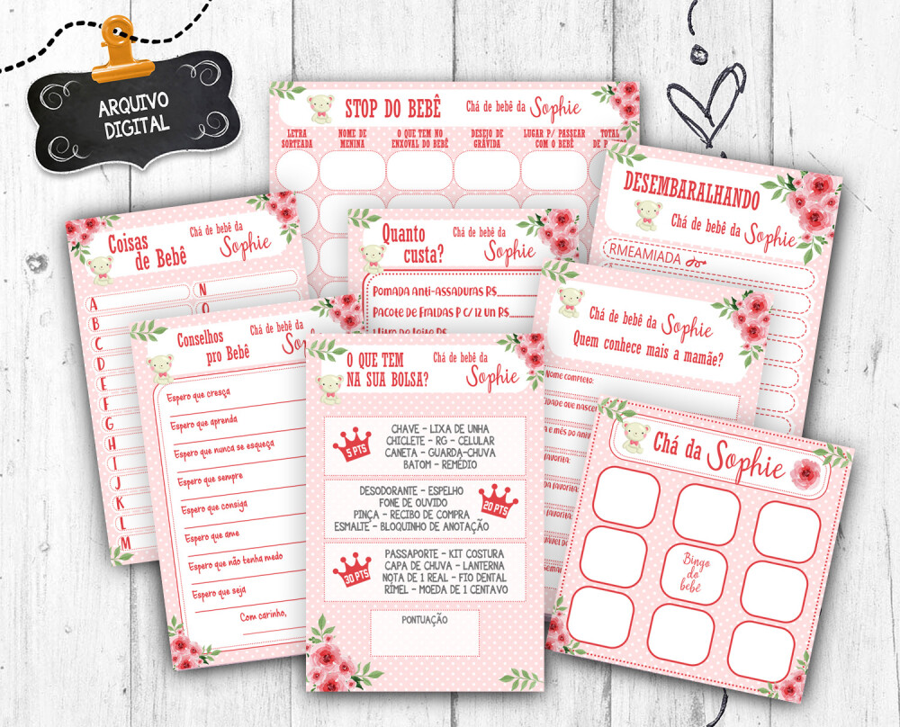 Kit 8 Brincadeiras Chá de Bebê Rosa vermelha ursinha arquivo di