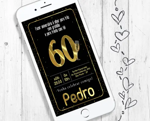 Convite digital Festa de aniversário 60 anos Sessentei Preto e dourado
