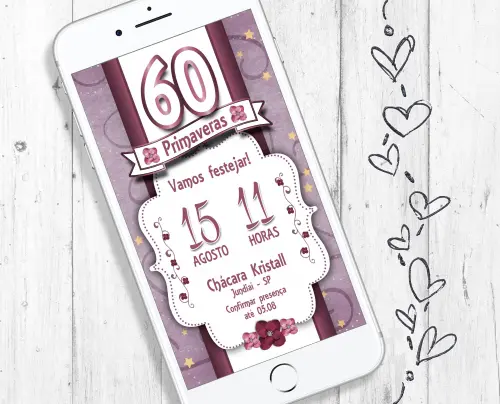 Convite digital Festa de aniversário 60 anos Sessentei cor Vinho floral