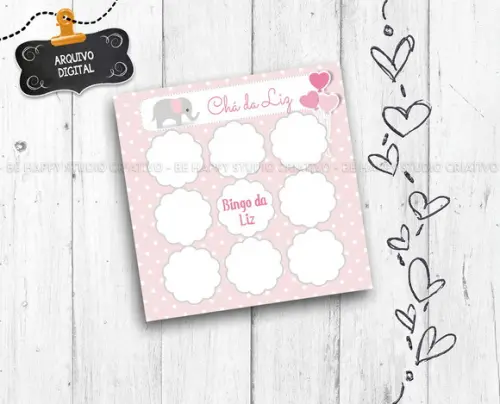 Brincadeira Chá de Bebê Bingo do Bebê Elefante Rosa arquivo digital