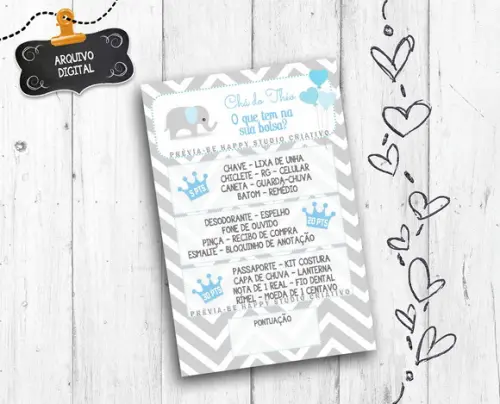 Brincadeira Chá de Bebê o Que Tem na Sua Bolsa Tema Elefante arquivo digital