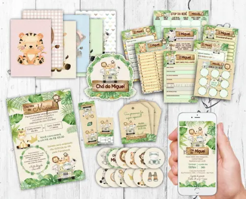 Chá Safari Kit Completo Convite Tag Brincadeiras 30 convidados