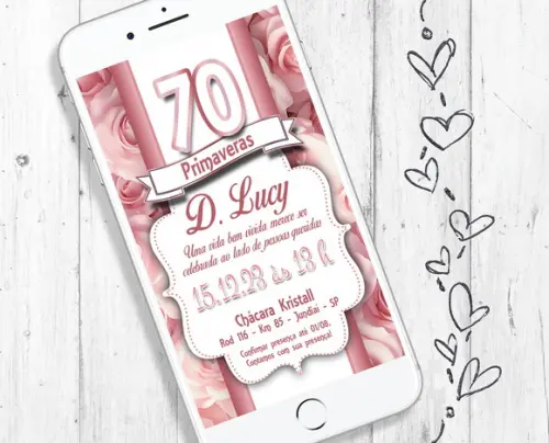 Convite Digital 70 Anos Rosa Clássico Chique Floral Senhora