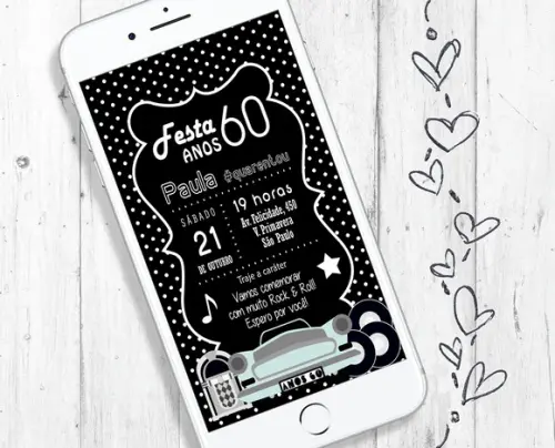 Convite Digital Festa Anos 60 aniversário preto e verde