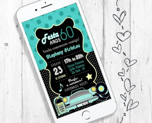 Convite Digital Tema Anos 60 preto e verde festa aniversário