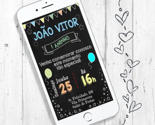 Convite Digital Balões estilo Chalkboard aniversário