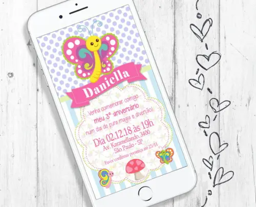 Convite Digital Borboleta Delicado Aniversário Menina Cores