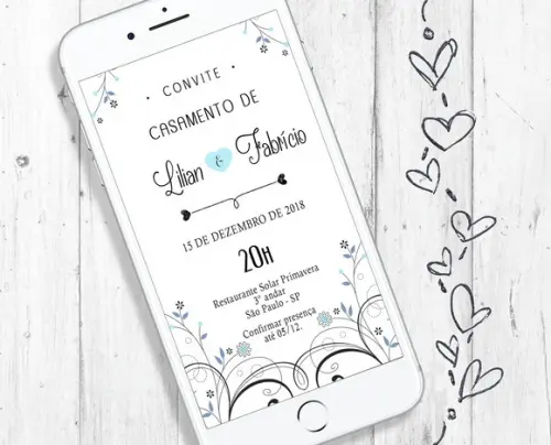 Convite Digital Casamento azul e branco chique