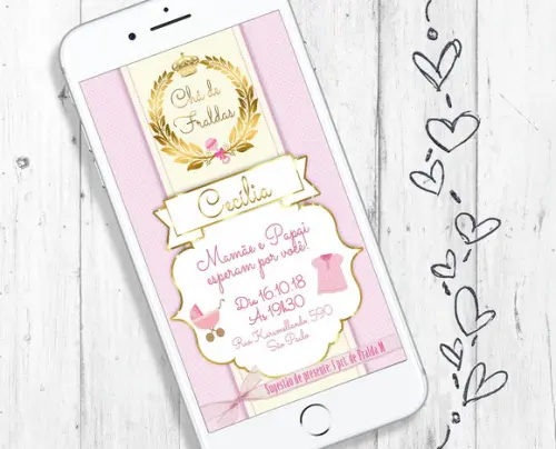 Convite Digital Chá de Bebê Menina princesa rosa dourado