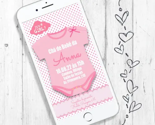Convite Digital Chá de Bebê Menina body rosa