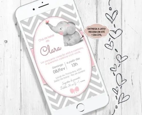 Convite Digital Chá de Bebê Elefante Menina Cinza e Rosa