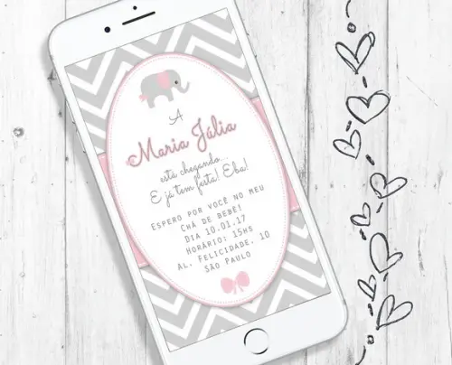 Convite Digital Chá de Bebê Menina elefante rosa