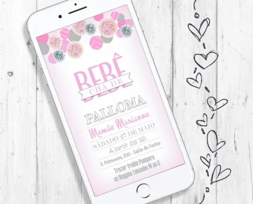 Convite Digital Chá de Bebê Menina rosa delicado