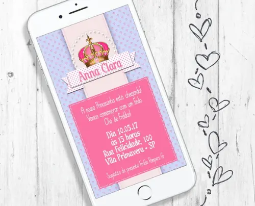 Convite Digital Chá de Bebê Menina Coroa Rosa Princesa Reino