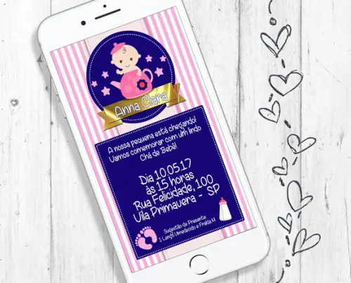 Convite Digital Chá de Bebê Menina rosa e azul marinho